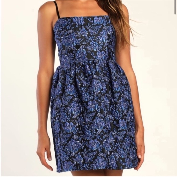 Lulus Dresses & Skirts - LULUS Adorable Nights Black and Blue Floral Jacquard Mini Skater Dress M NWT